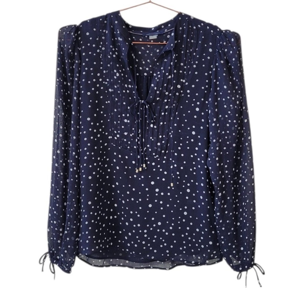 TOMMY HILFIGER Suit Separates XS Navy Dot Print Long Sleeve Tie Neck Blouse
